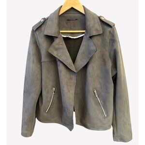 Tahari Womens Gray Suede Moto Jacket Zip Front Modern Chic Outerwear XL Fallcore
